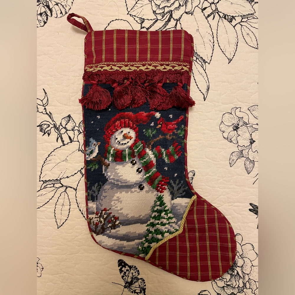 Vintage Christmas Snowman with Bird Friends Handmade Needlepoint Stocking New